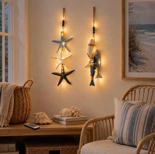 ✨2026 HOT SALE 🐟🌊Lighted Coastal Wooden Starfish & Fish Hanging Decor