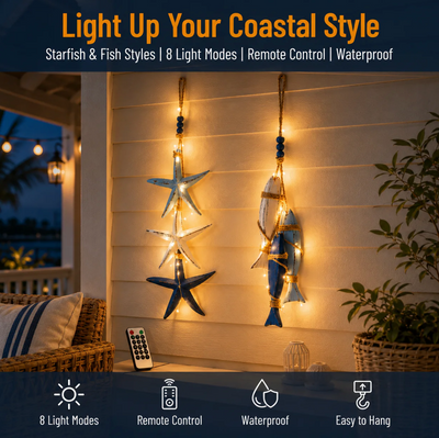 ✨2026 HOT SALE 🐟🌊Lighted Coastal Wooden Starfish & Fish Hanging Decor