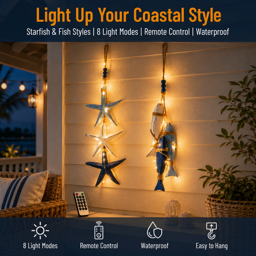 ✨2026 HOT SALE 🐟🌊Lighted Coastal Wooden Starfish & Fish Hanging Decor