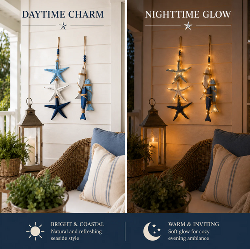✨2026 HOT SALE 🐟🌊Lighted Coastal Wooden Starfish & Fish Hanging Decor