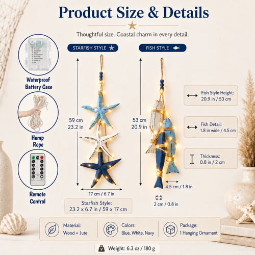 ✨2026 HOT SALE 🐟🌊Lighted Coastal Wooden Starfish & Fish Hanging Decor