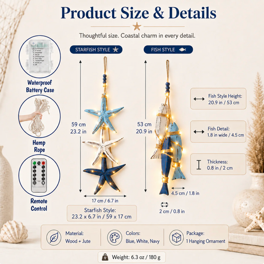 ✨2026 HOT SALE 🐟🌊Lighted Coastal Wooden Starfish & Fish Hanging Decor