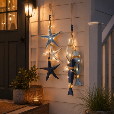 ✨2026 HOT SALE 🐟🌊Lighted Coastal Wooden Starfish & Fish Hanging Decor