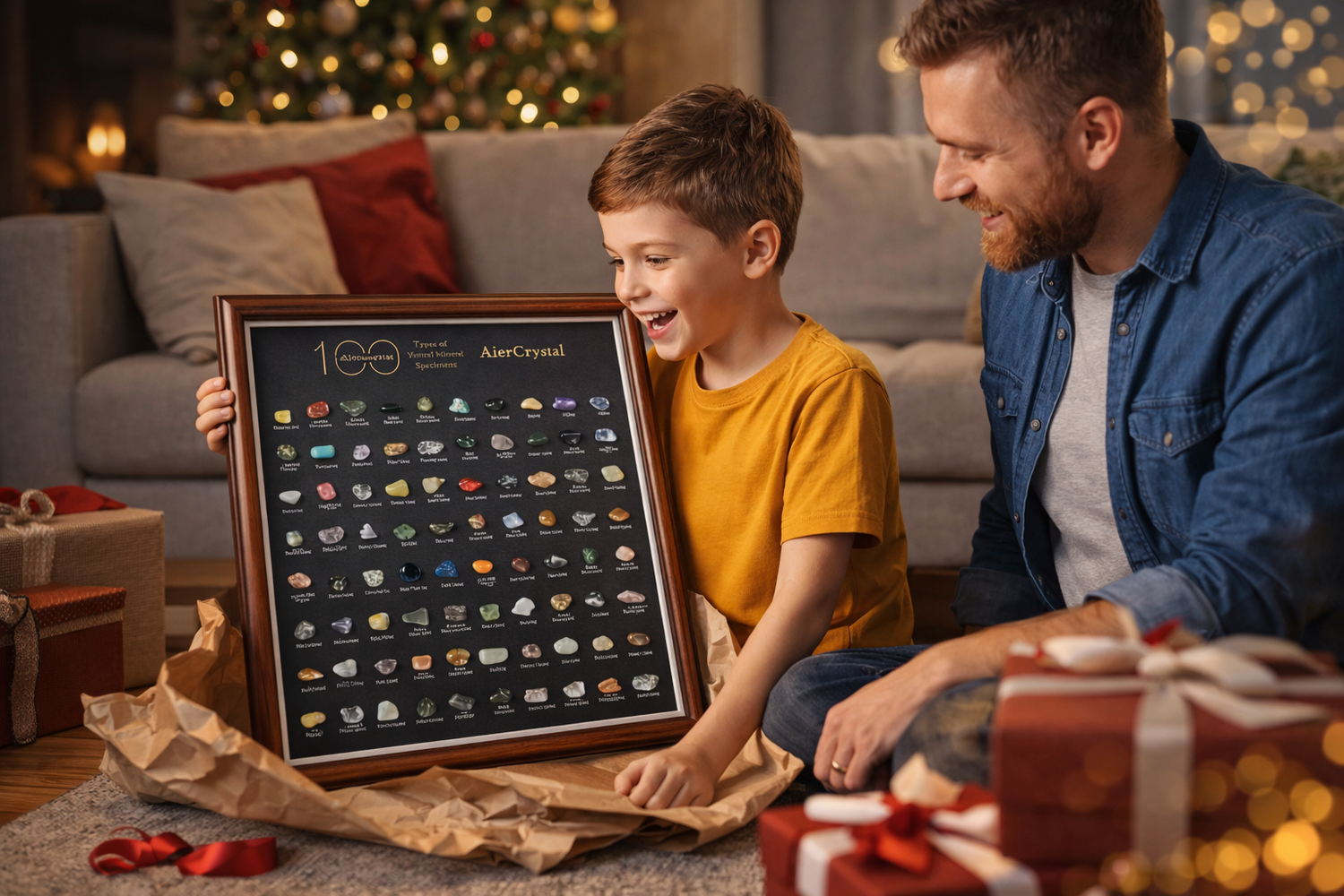 100 Natural Mineral Specimens Display Frame – Wooden Desktop Collector’s Edition