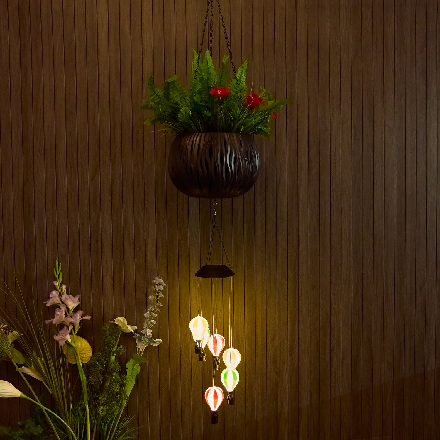 Solar Hanging Planter with Hot Air Balloon Wind Chime