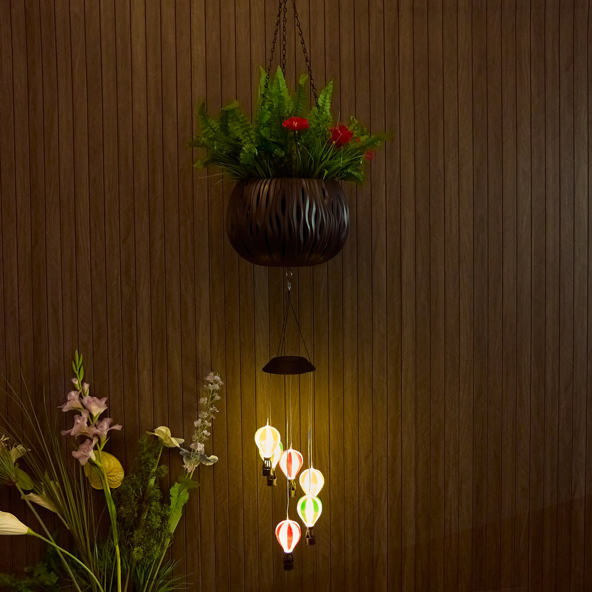 Solar Hanging Planter with Hot Air Balloon Wind Chime
