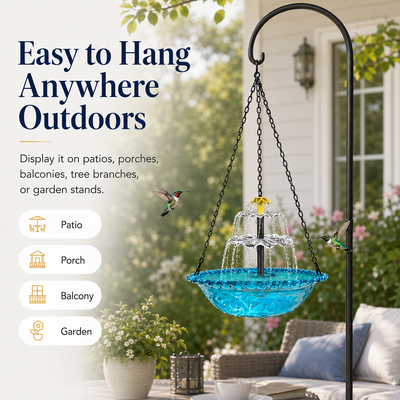 Solar Hanging Bird Bath Fountain for Hummingbirds – Decorative Outdoor Garden Water Feeder Bowl