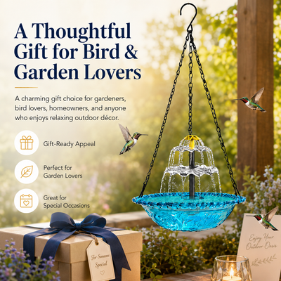 Solar Hanging Bird Bath Fountain for Hummingbirds – Decorative Outdoor Garden Water Feeder Bowl