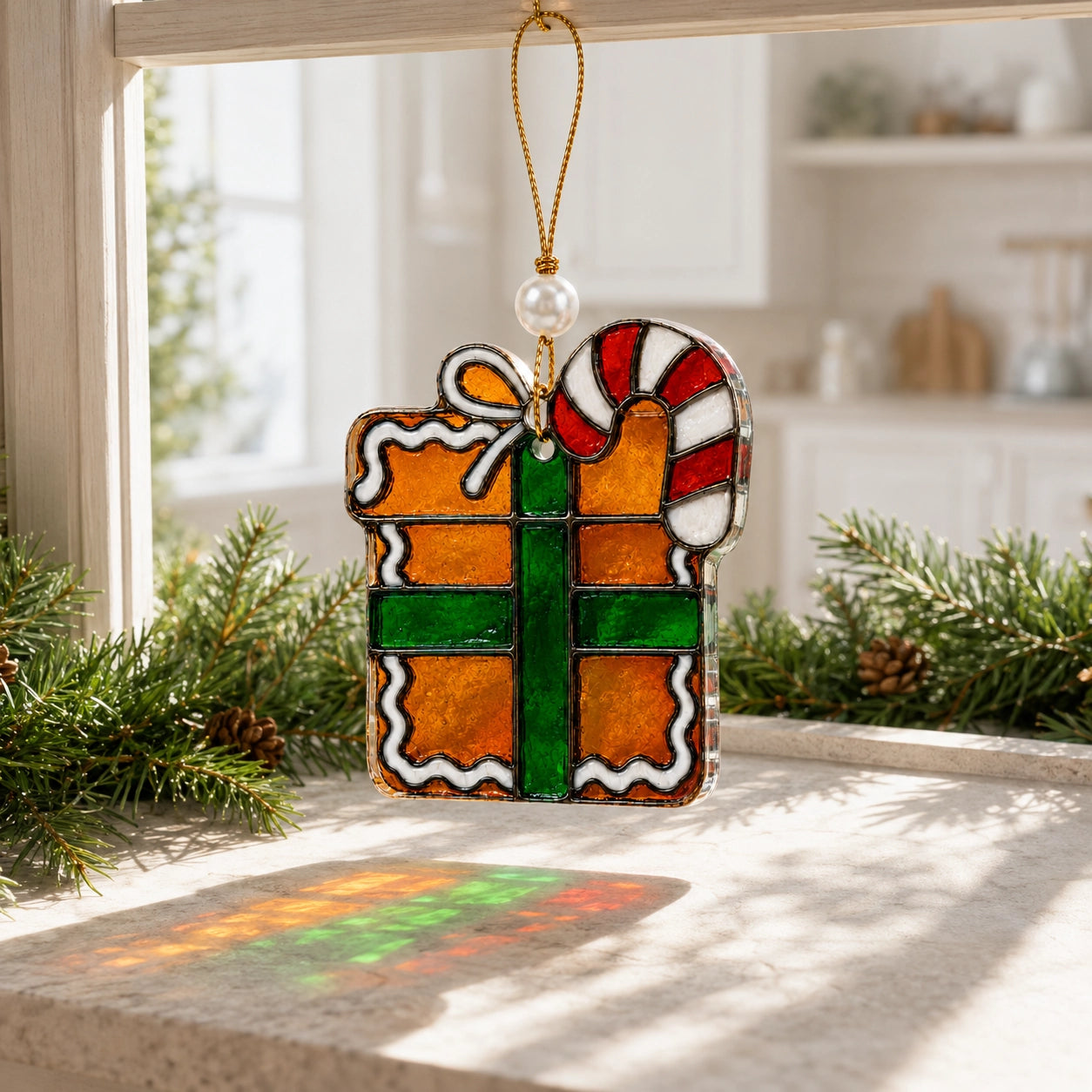 Mini stained glass style Christmas ornaments displayed with holiday lights
