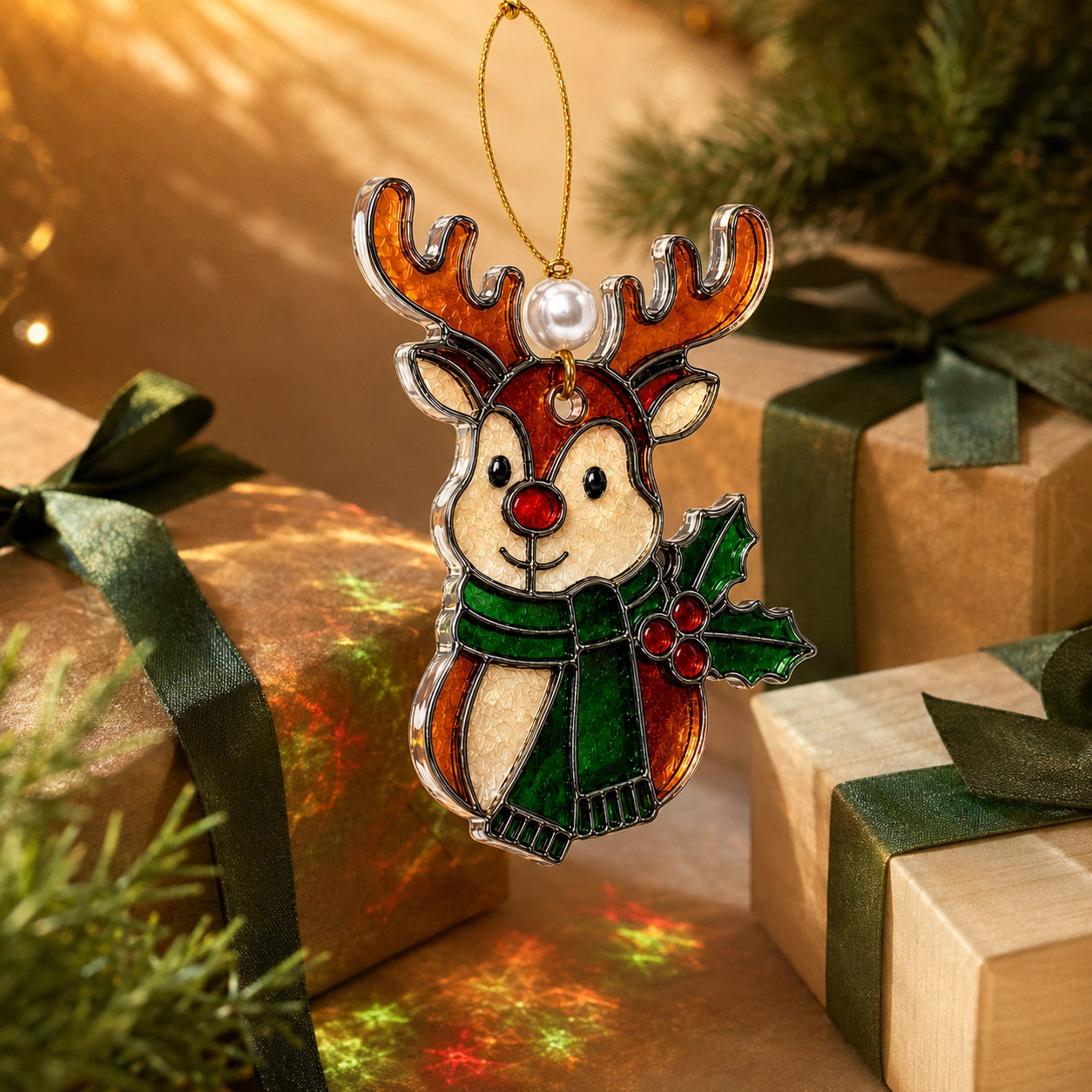 Six mini Christmas ornaments arranged in a festive gift box