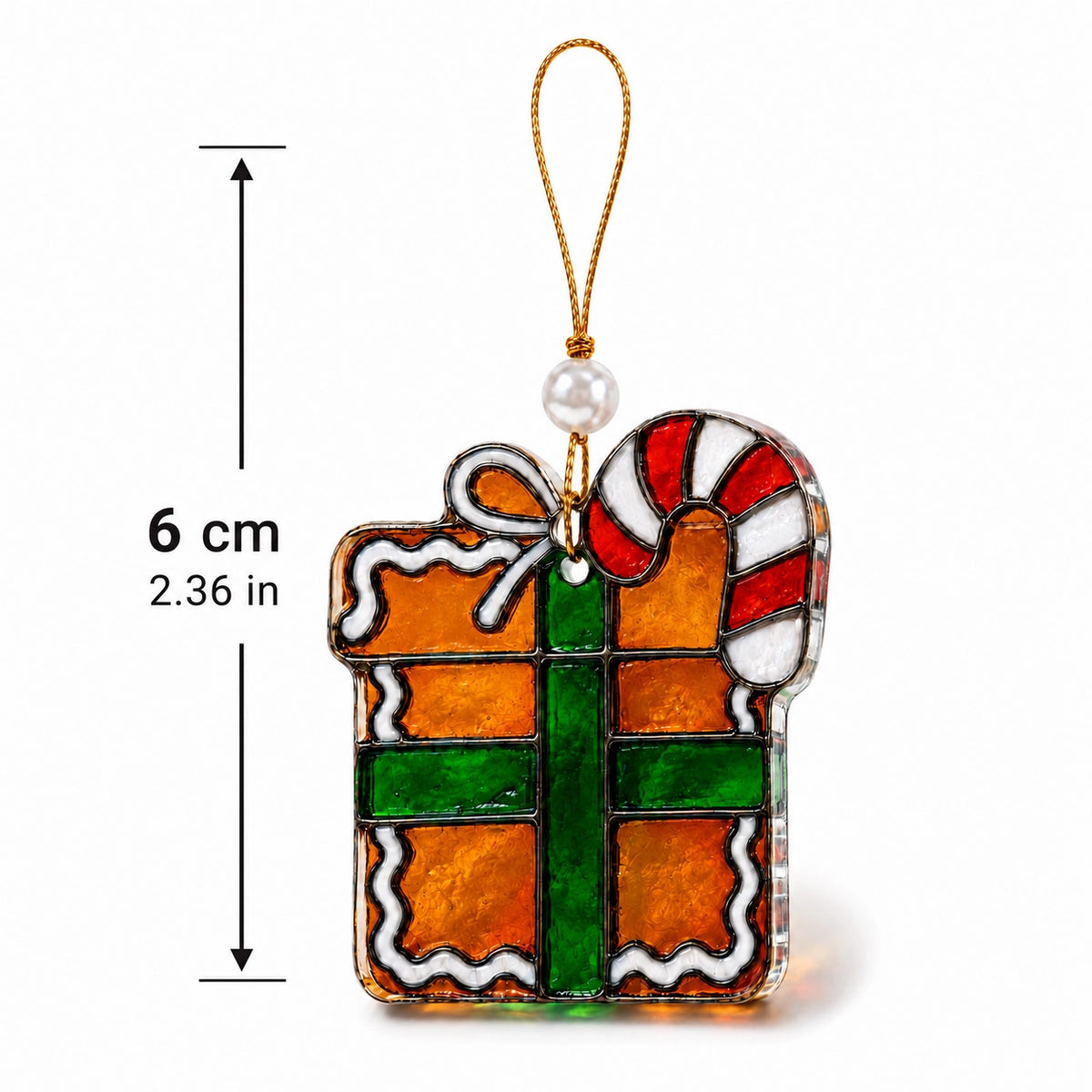 Mini stained glass style Christmas ornament size comparison showing 2.75 inches and 7 centimeters