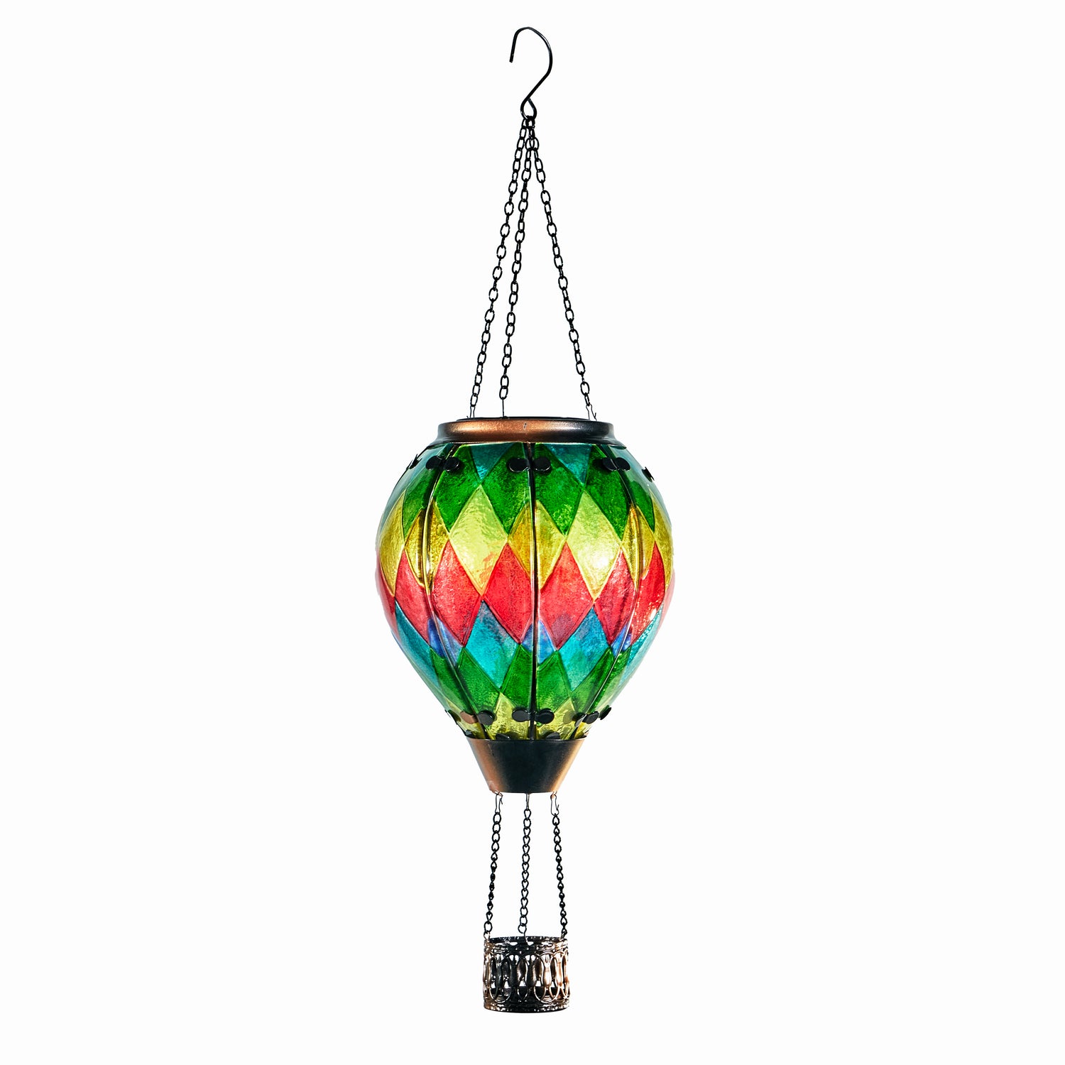 Hand-painted prism-pattern solar hot air balloon lantern for patio decor, garden solar decorations, and yard lantern lighting with flame-effect LED