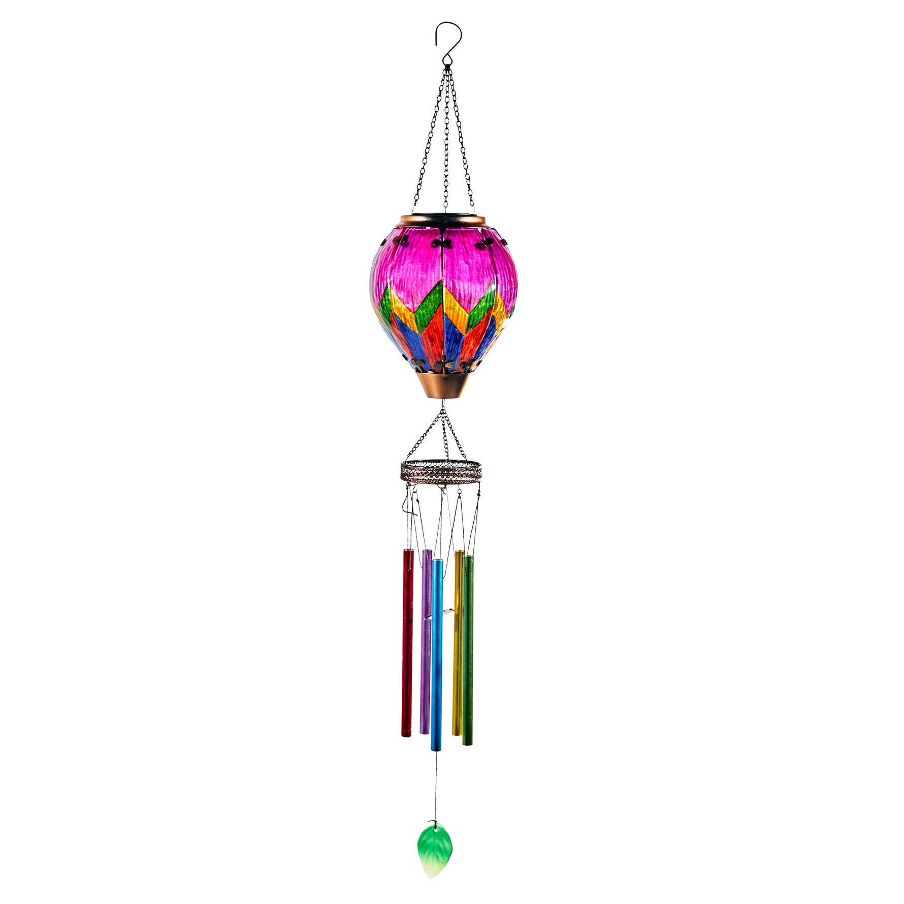 Outdoor colorful solar hot air balloon lantern paired with a decorative wind chime for backyard decorations, garden solar lights, and patio night ambience
