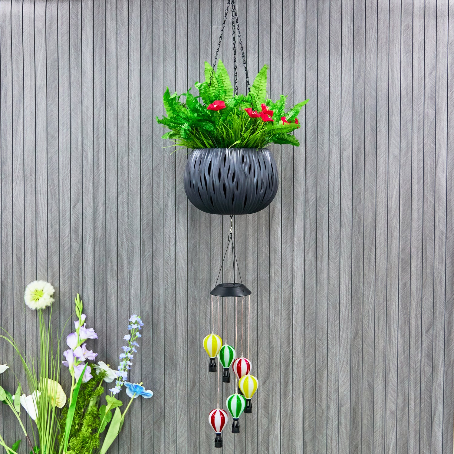 Solar Hanging Planter with Hot Air Balloon Wind Chime