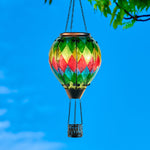 Prism-style checkered glass solar hot air balloon lantern for yard decoration, backyard lights, and patio solar décor with flame-effect lighting.