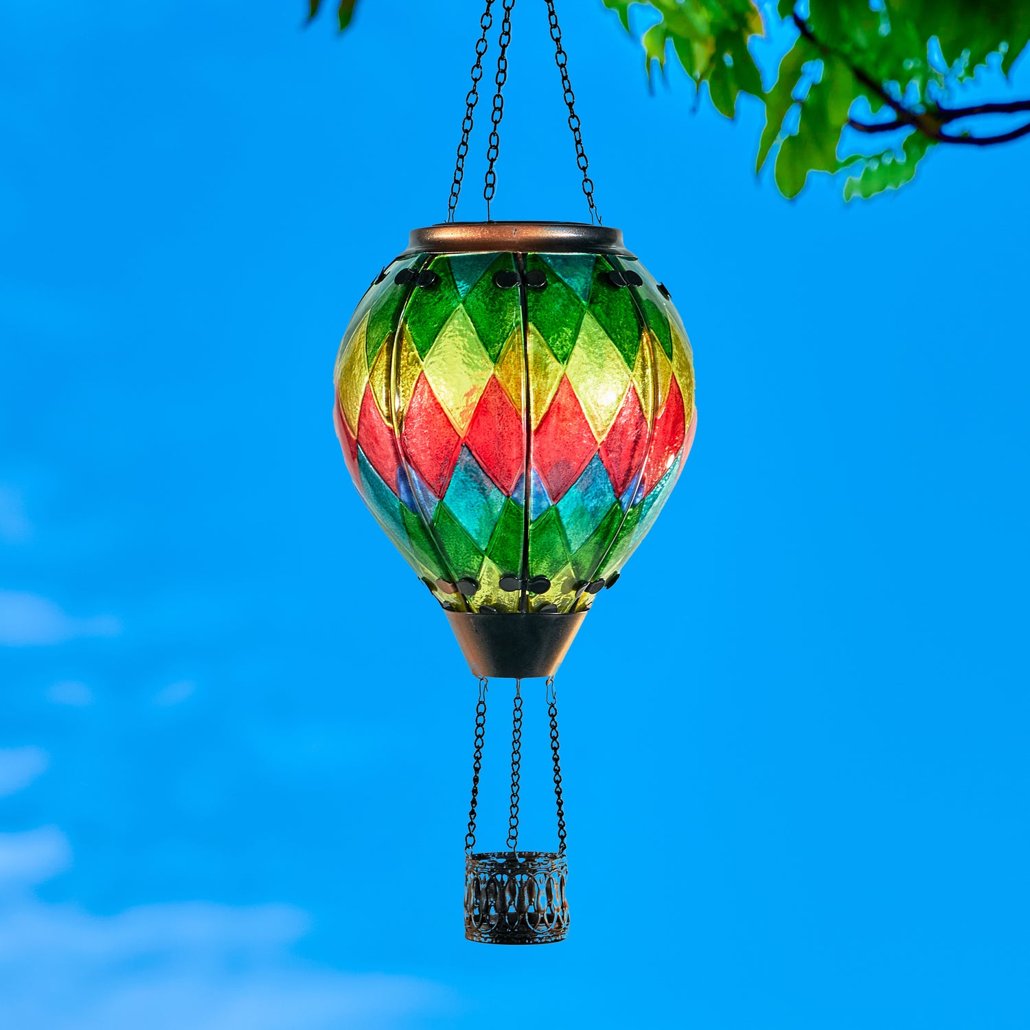 Prism-style checkered glass solar hot air balloon lantern for yard decoration, backyard lights, and patio solar décor with flame-effect lighting.