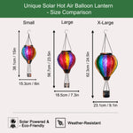 Size chart showing dimensions of the solar hot air balloon lantern, including height and width, designed for backyard, patio, and garden décor