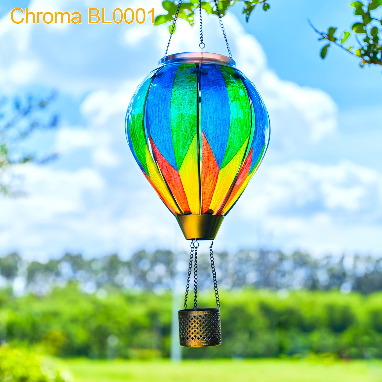 Backyard solar lights featuring a rainbow balloon lantern with gradient hues, great for decorating garden and yard ambiance