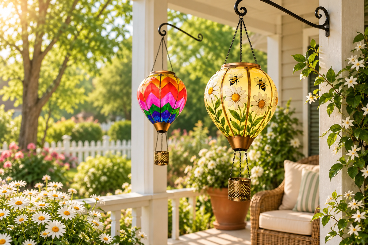 Bee and daisy and rainbow hot air balloon solar lanterns hanging on a sunlit cottage porch