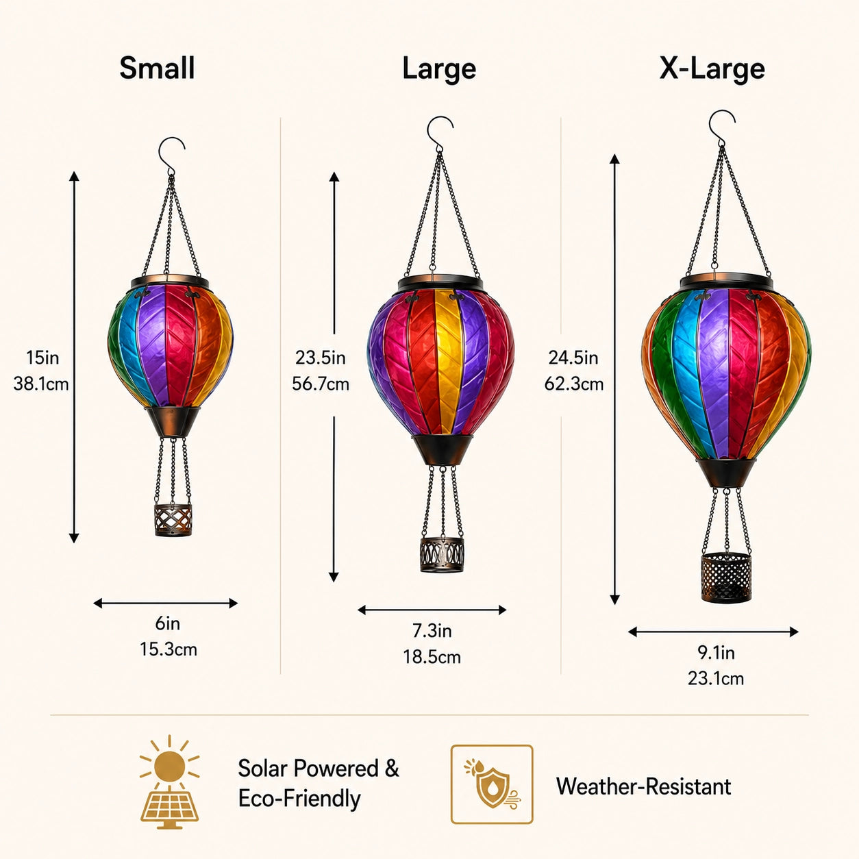 Small, Large and X-Large hot air balloon solar lantern size comparison chart