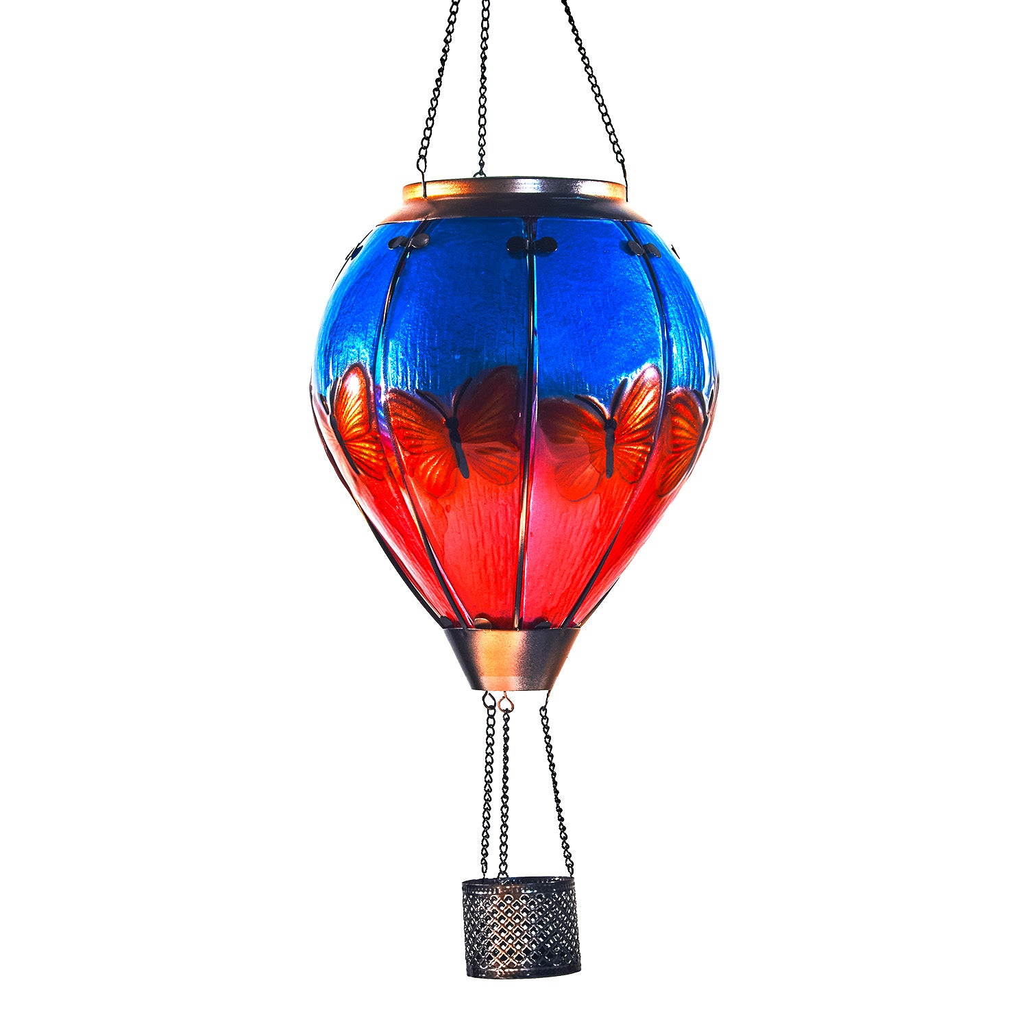 Solar-powered butterfly lantern in a front yard, adding charm to yard lanterns and garden solar lights for evening ambiance