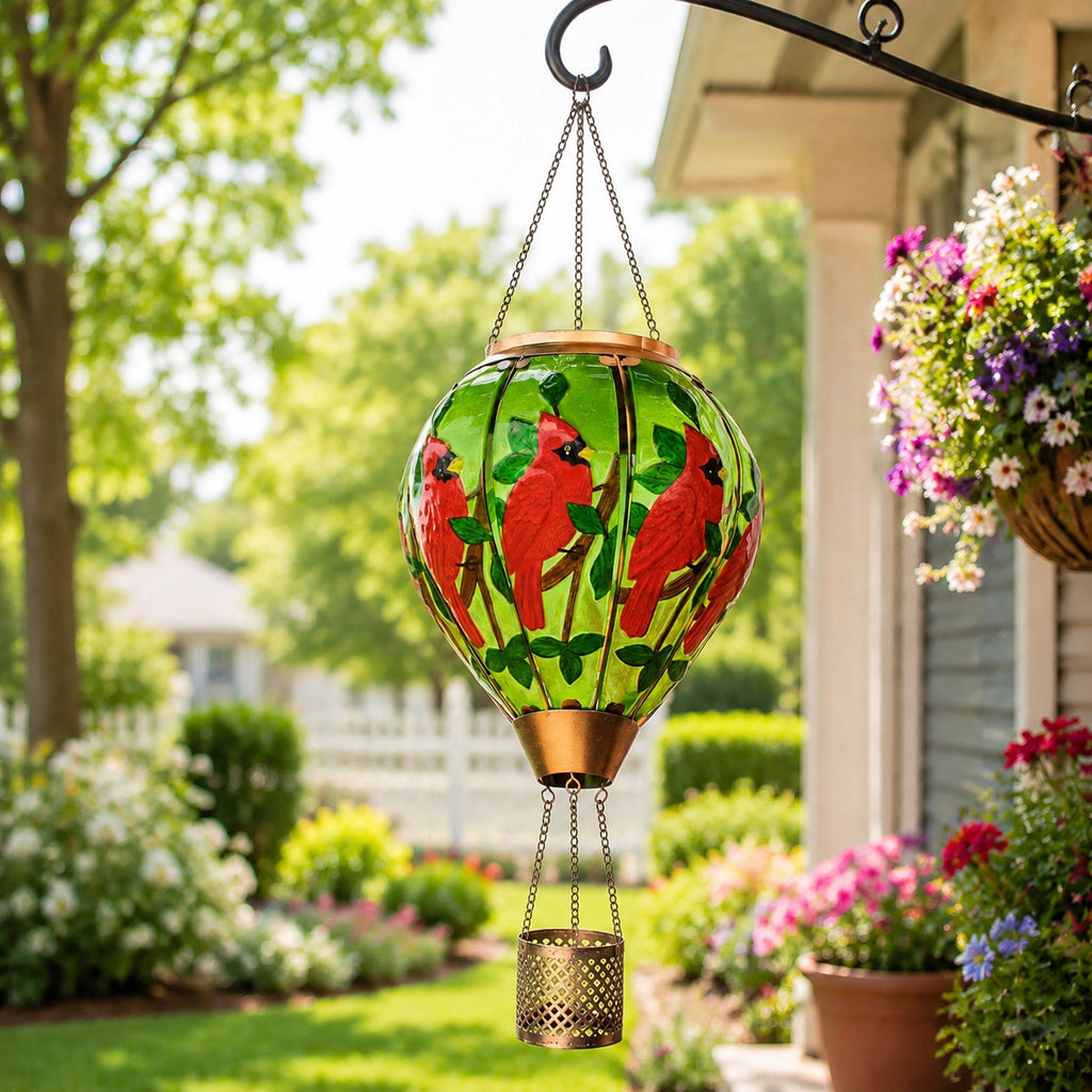 Cardinal hot air balloon solar lantern hanging in a flower garden