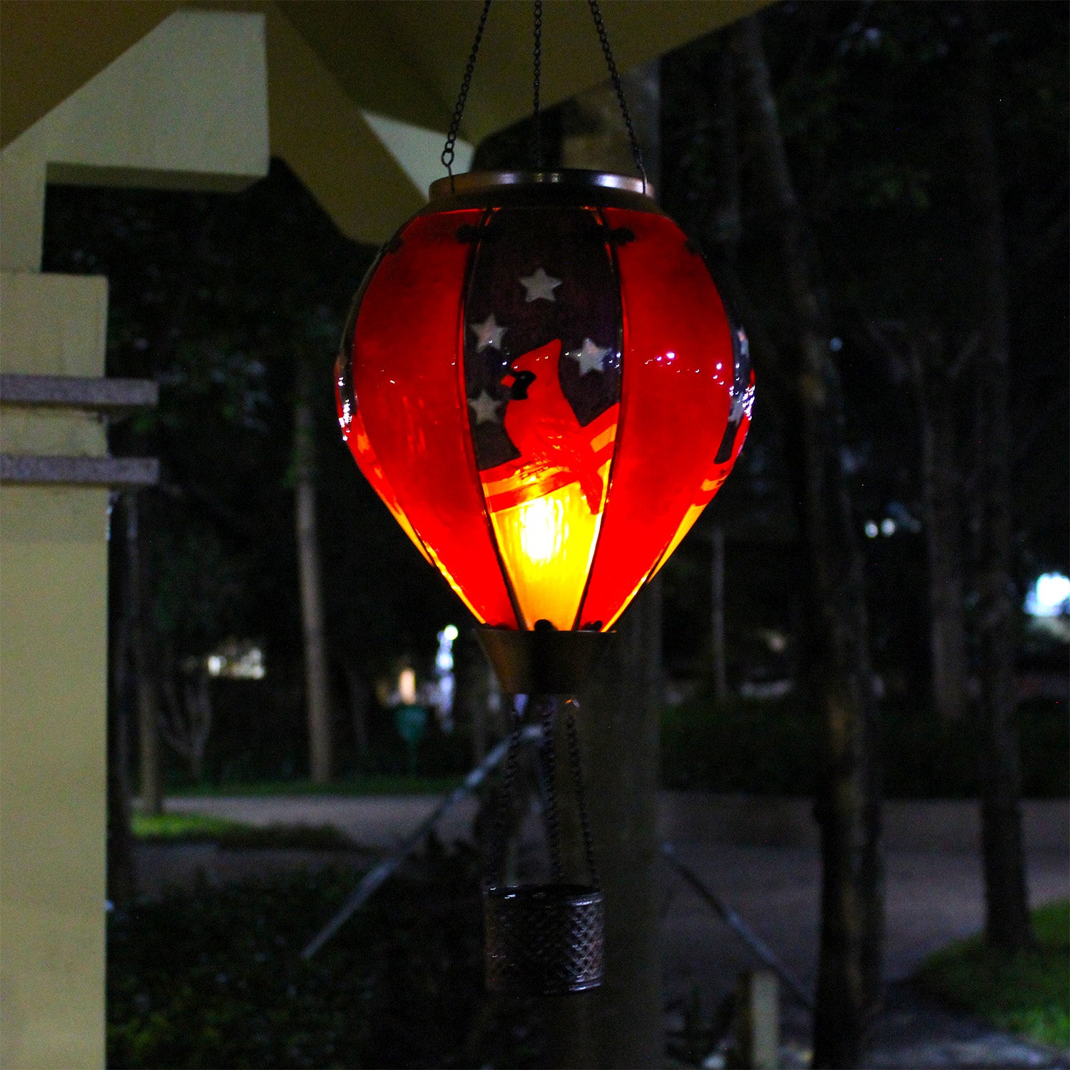 glowing patriotic hot air balloon lantern with cardinal bird design for backyard and patio night decor 