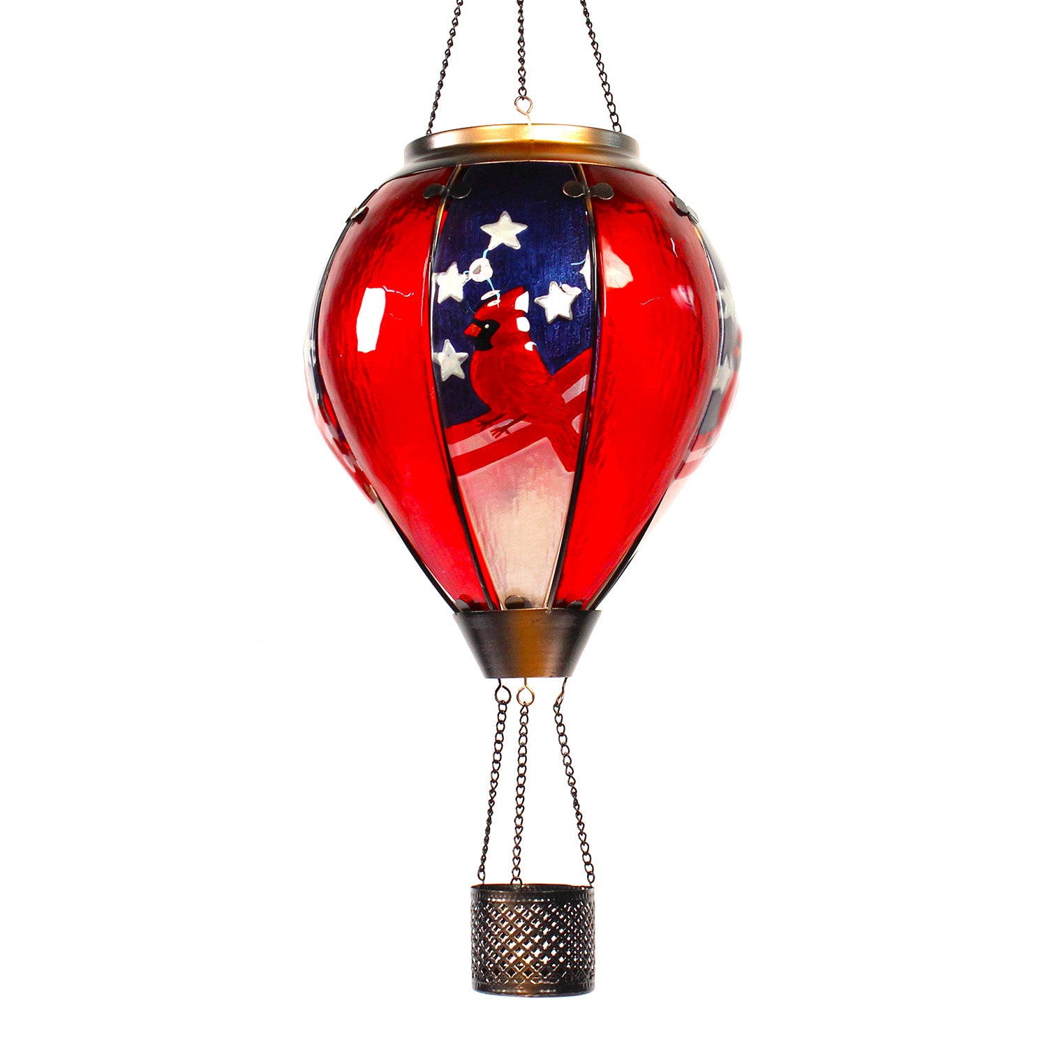 front view of hot air balloon solar lantern with cardinal bird and patriotic stars, ideal for backyard decoration