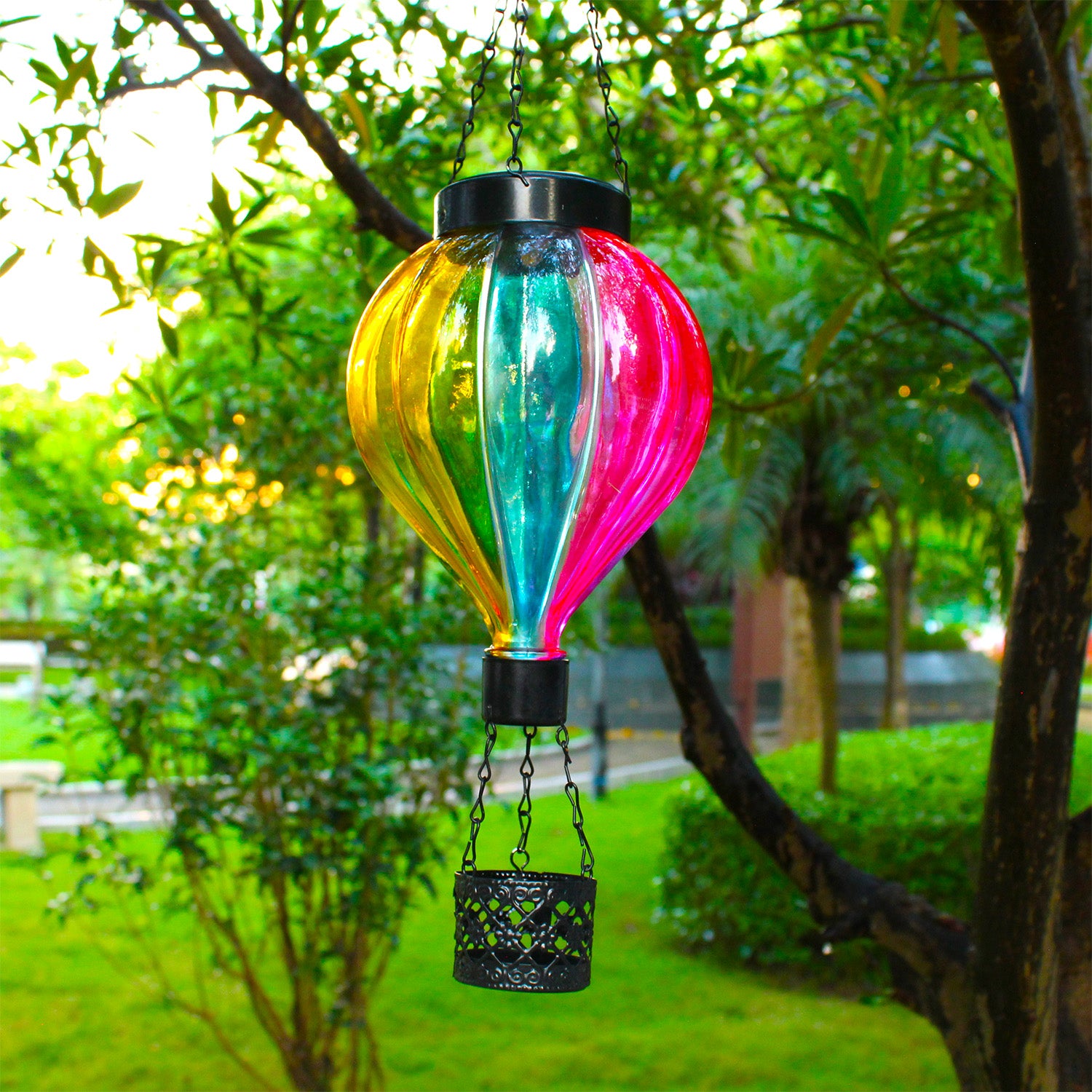 colorful gradient solar balloon lantern hanging for patio decor ideas and yard lighting