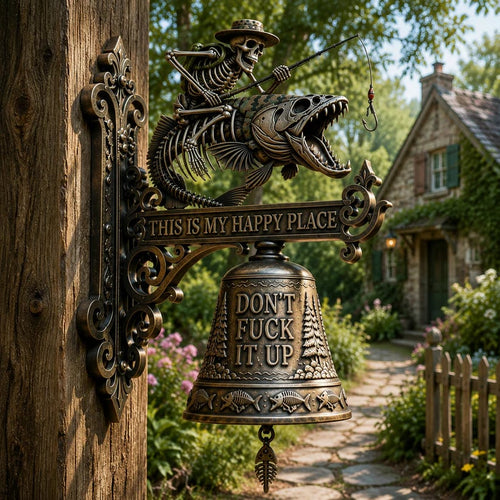 🎣 Metal Skeleton Fisherman Wall Bell – “This Is My Happy Place” Outdoor Décor