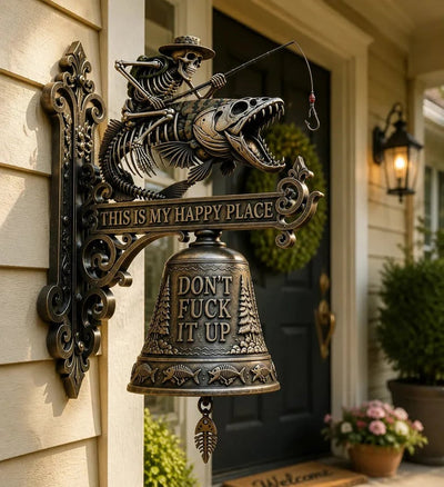 🎣 Metal Skeleton Fisherman Wall Bell – “This Is My Happy Place” Outdoor Décor