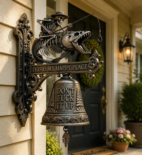 🎣 Metal Skeleton Fisherman Wall Bell – “This Is My Happy Place” Outdoor Décor