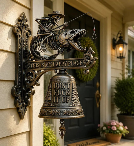 🎣 Metal Skeleton Fisherman Wall Bell – “This Is My Happy Place” Outdoor Décor