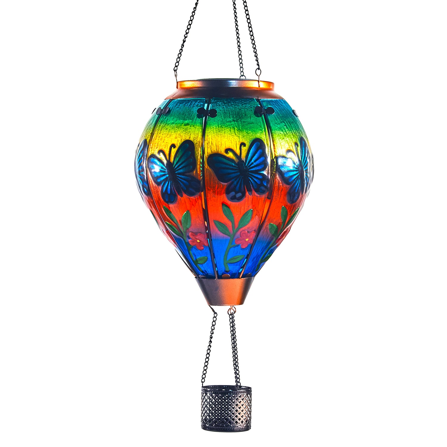 Elegant butterfly balloon lantern featured in a front yard decor setup, enhancing outdoor solar garden lighting