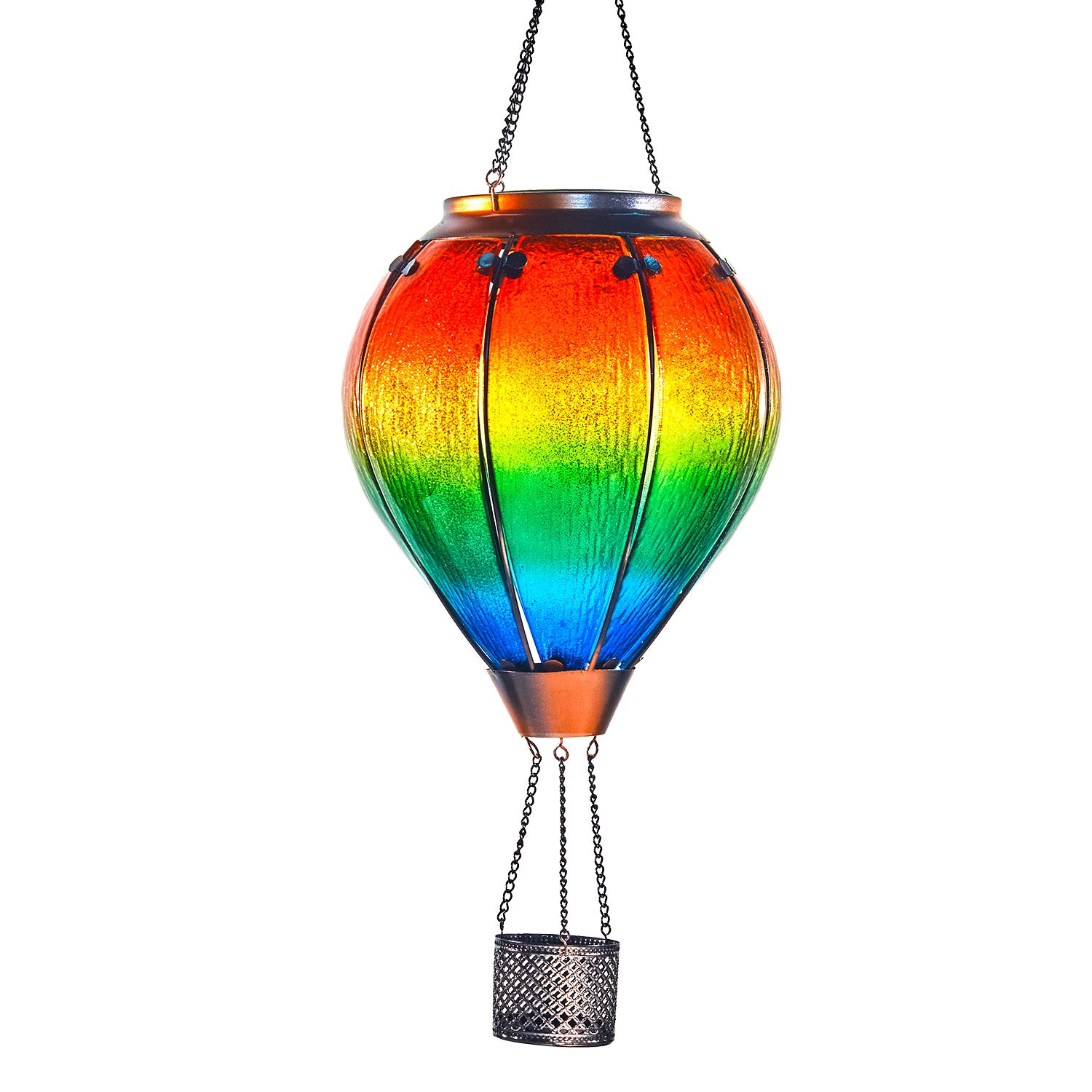 Solar lantern in gradient rainbow colors brightening up the front yard, excellent for front yard decorations and solar decor