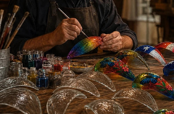 Artisan hand-painting glass panels for Balloontern solar lanterns