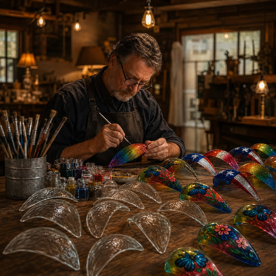 Artisan hand-painting glass panels for Balloontern solar lanterns