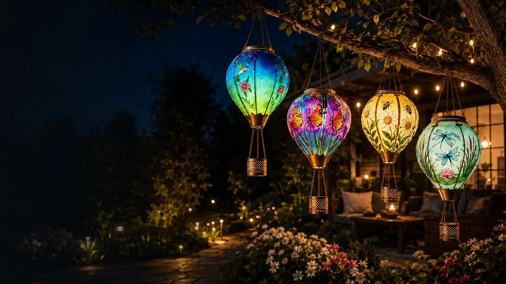 Three hand-painted hot air balloon solar lanterns glowing in an evening garden beside a porch