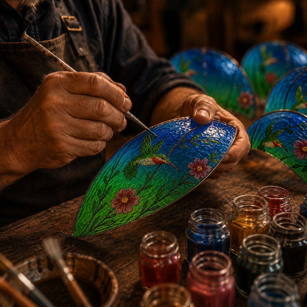 Artisan hand-painting glass panels for Balloontern solar lanterns
