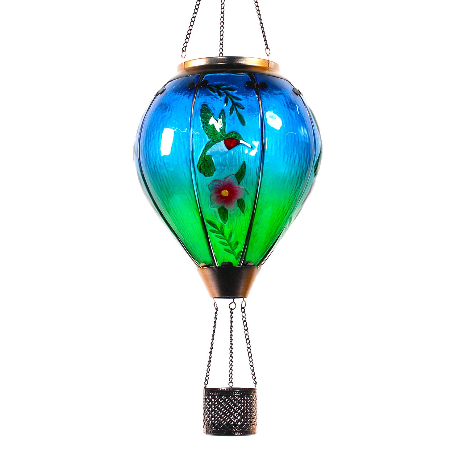 front view of hummingbird hot air balloon solar lantern for backyard decoration