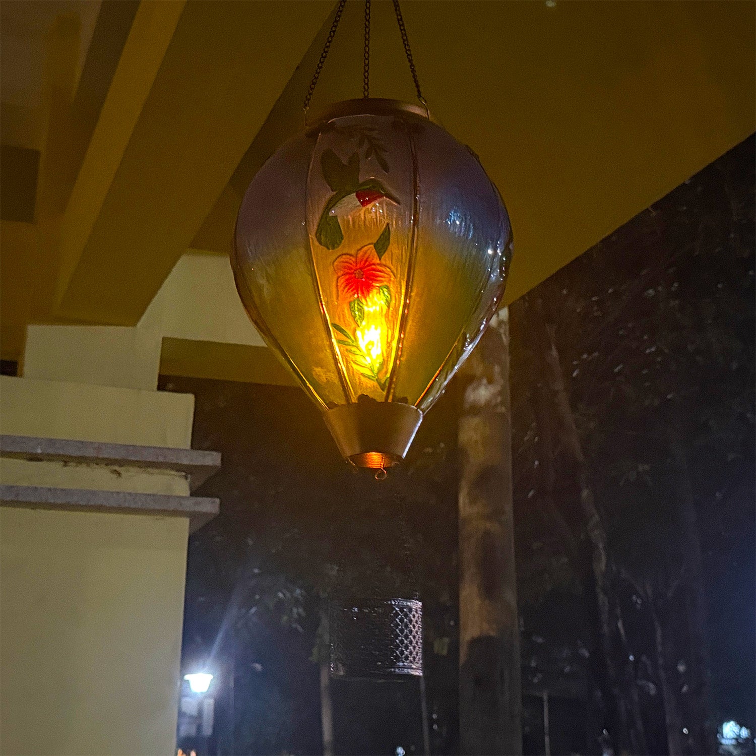 glowing hummingbird hot air balloon solar lantern with LED yard lights for garden ambiance