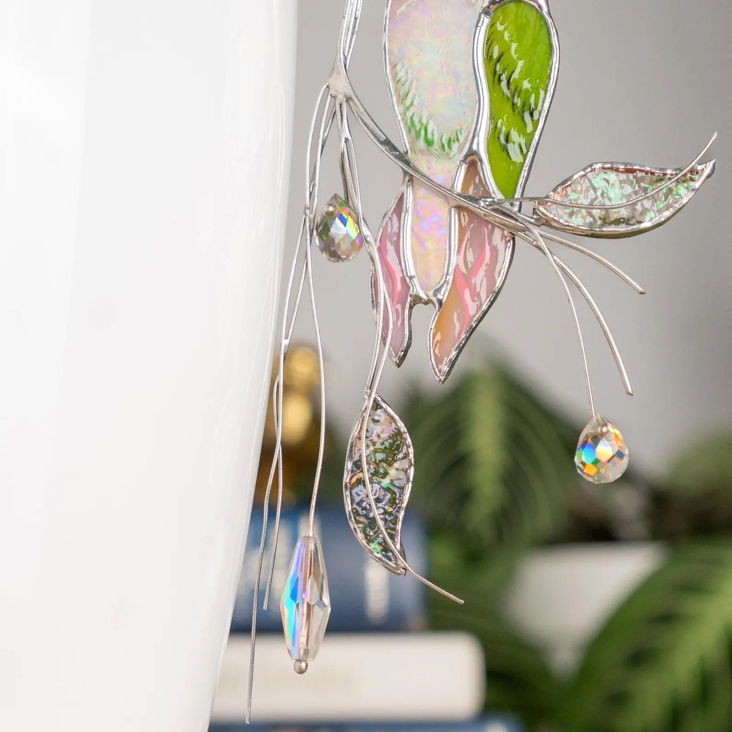 Plant stakes stained glass hummingbird suncatcher