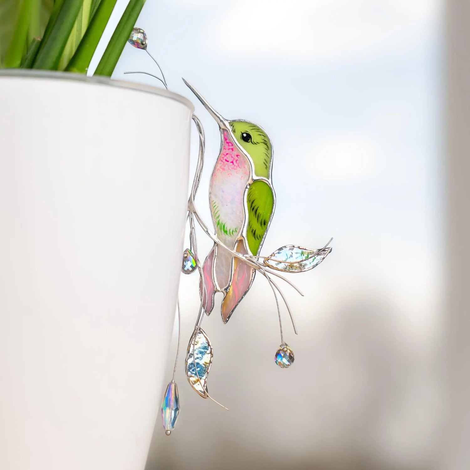 Plant stakes stained glass hummingbird suncatcher