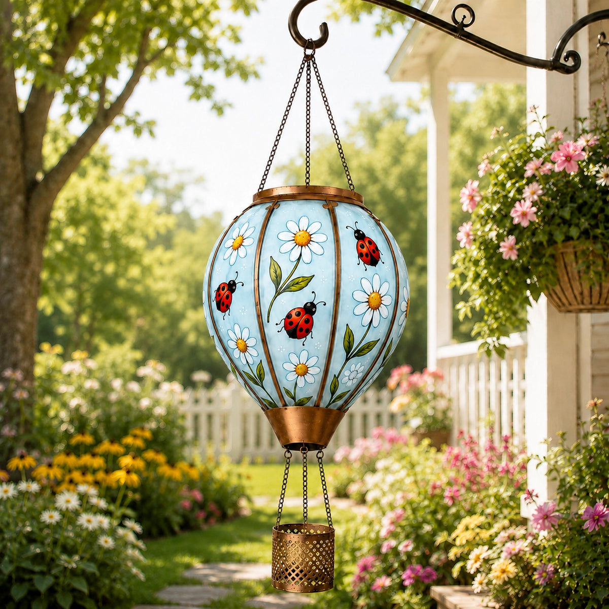 Ladybug hot air balloon solar lantern hanging in a garden patio