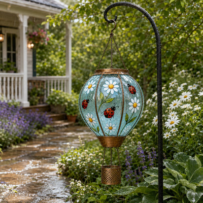 Ladybug solar garden lantern decorating a flower garden pathway