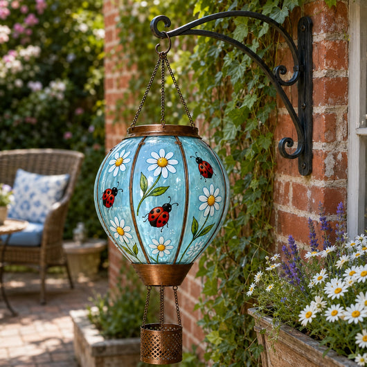 Hand painted ladybug hot air balloon solar lantern hanging beside brick wall