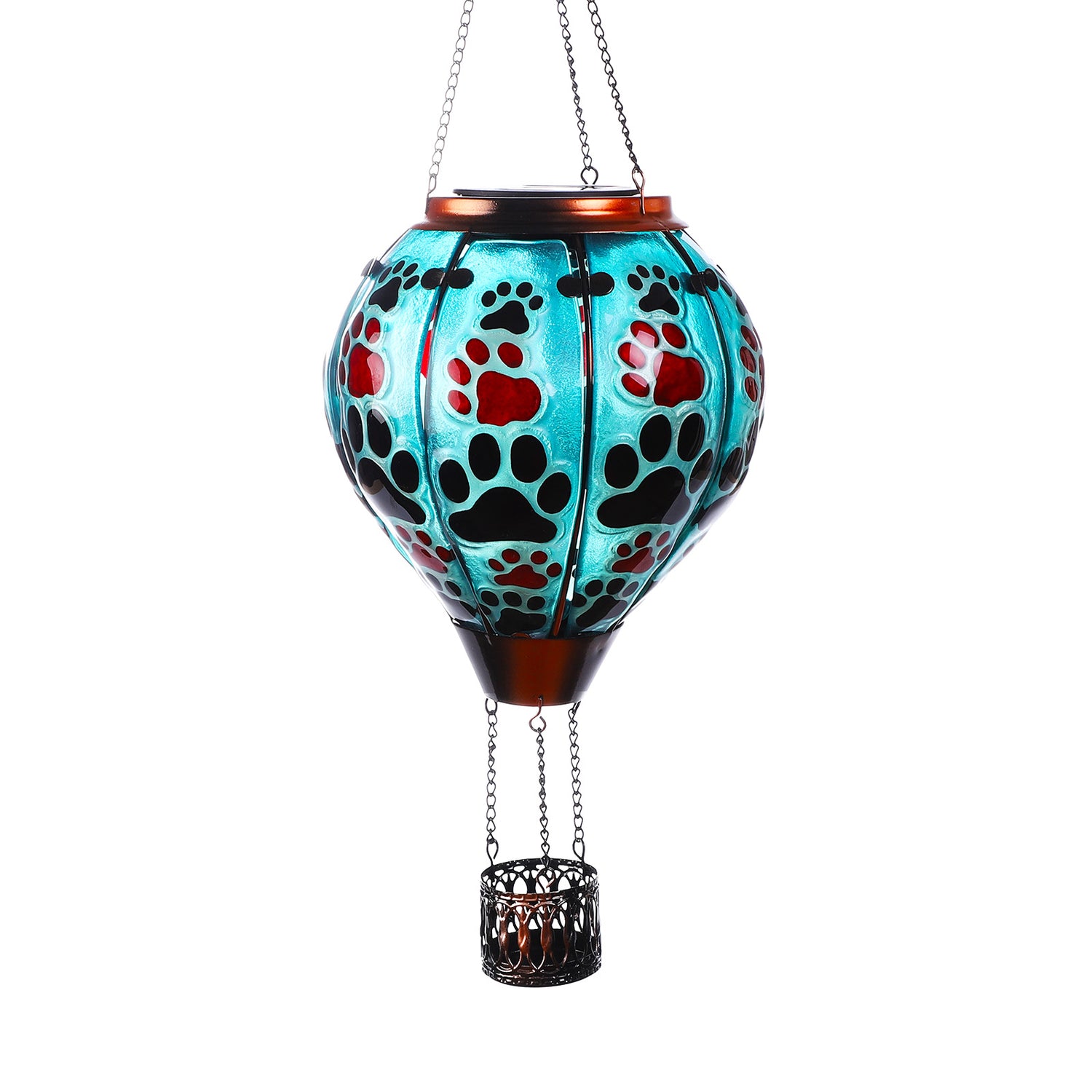 Whimsical paw print balloon lantern glowing at dusk, ideal for pet-inspired backyard decorations and solar yard lanterns