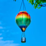 Multicolor hot air balloon solar lantern creating playful yard lantern decor and solar flame lamp lighting