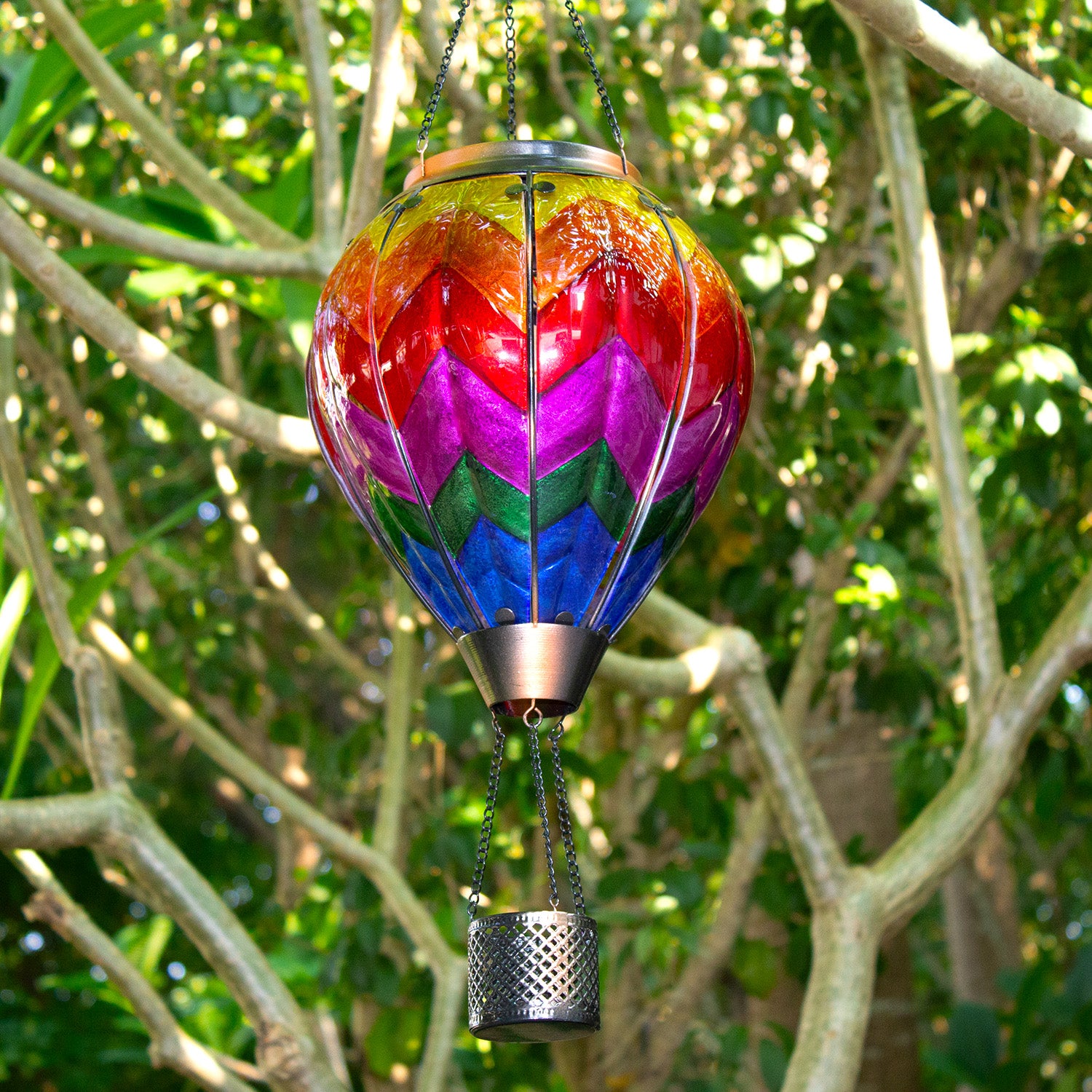 rainbow hot air balloon solar lantern shining in sunlight for yard decorations