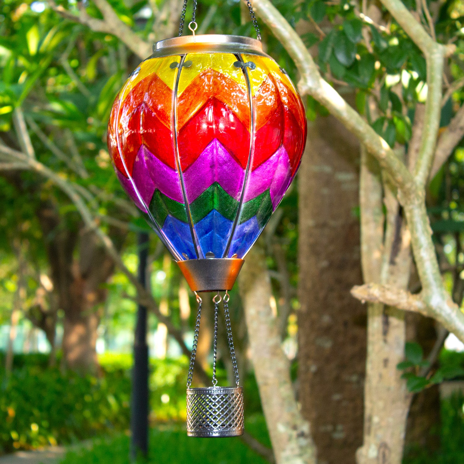 front view of rainbow hot air balloon solar lantern for backyard decoration